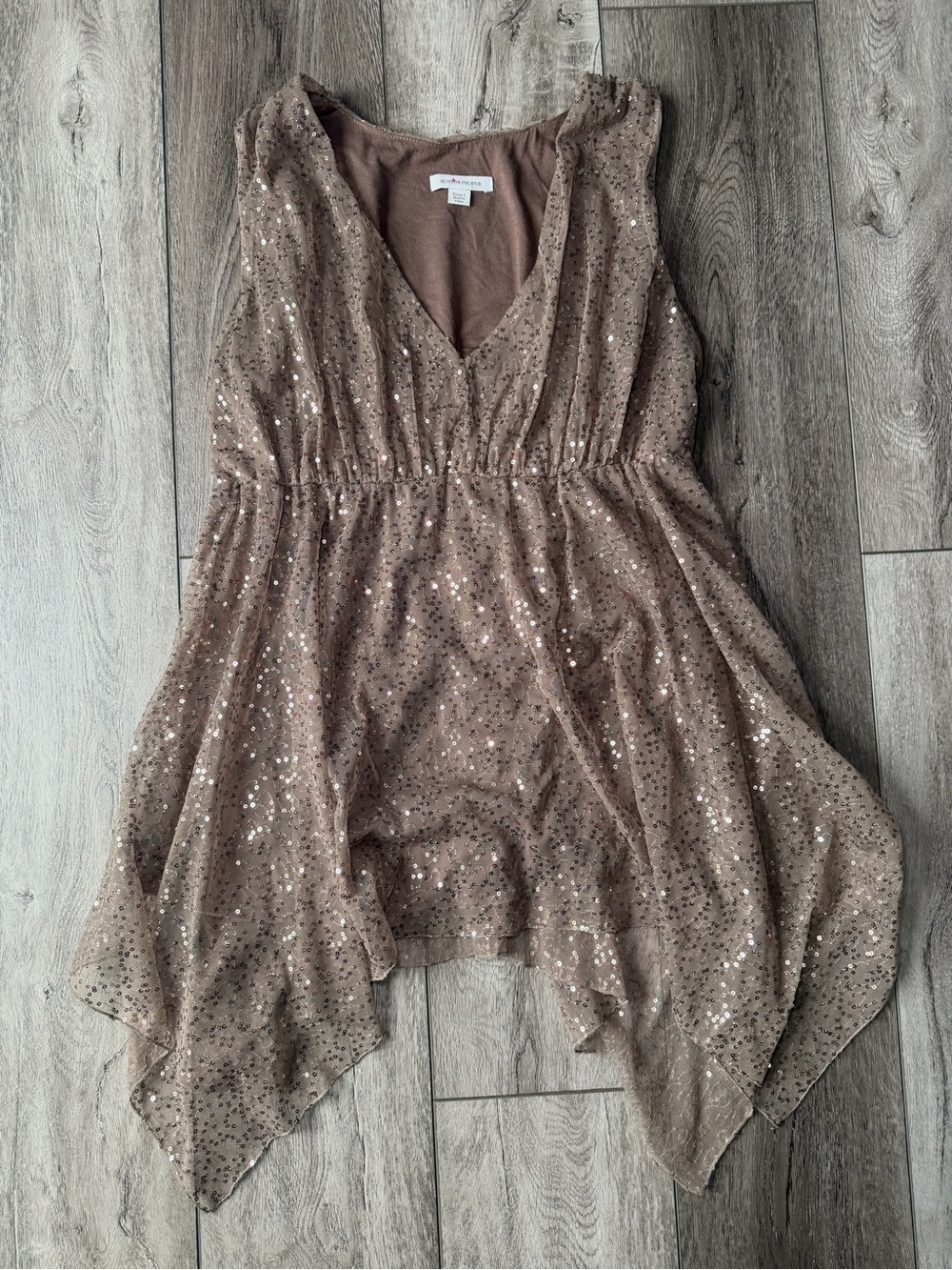 Boston Proper Taupe Sequin Asymmetrical Handkerchief Top- Party Ready!